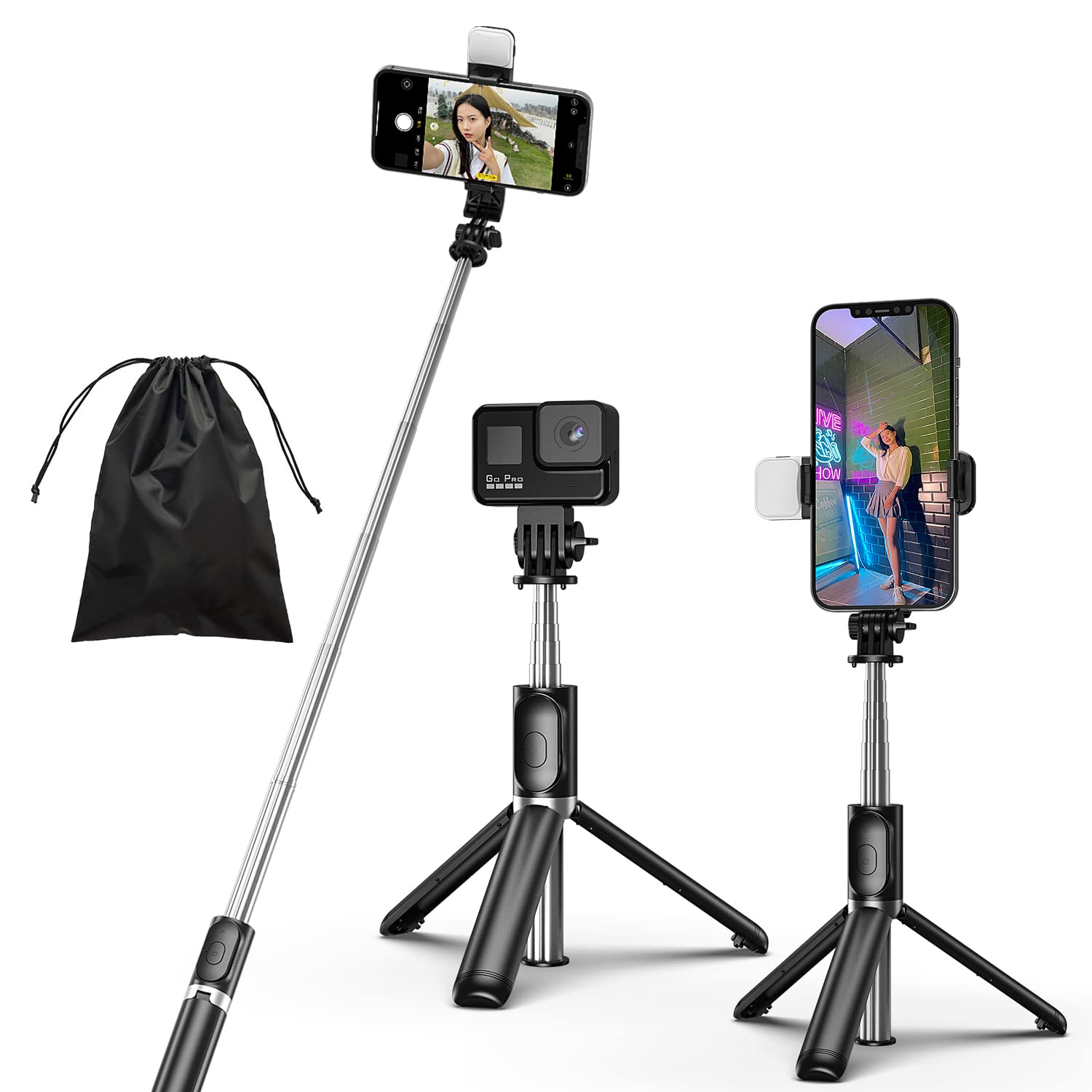 HCTian Selfie Stick, 4 in 1 Selfie Stick Tripod with Light, Extendable and Portable Stable Tripod Stand with Detachable Wireless Remote Compatible with iPhone/GoPro/Camera/Smartphones