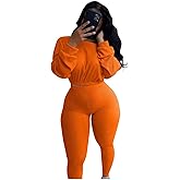Womens Ribbed 2 Piece Outfits Long Sleeve Crop Top Pullover Skinny Long Pants Sweatsuits Set Tracksuit