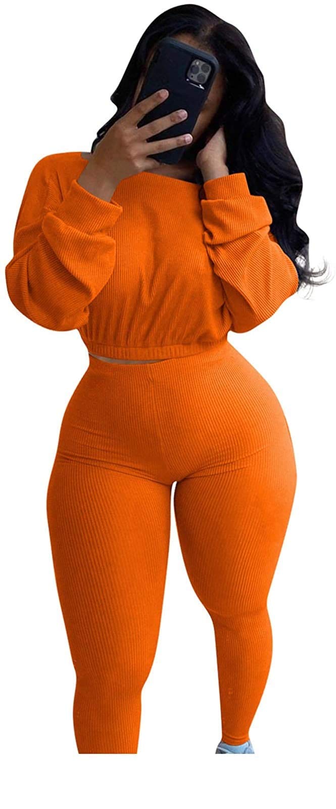 Photo 1 of **MISSING BOTTOMS** Women’s Two Piece Tracksuit Workout Outfits Ribbed Crop Top Pullover Bodycon Jogger Pants Seamless Yoga Sweatsuits Sets Orange