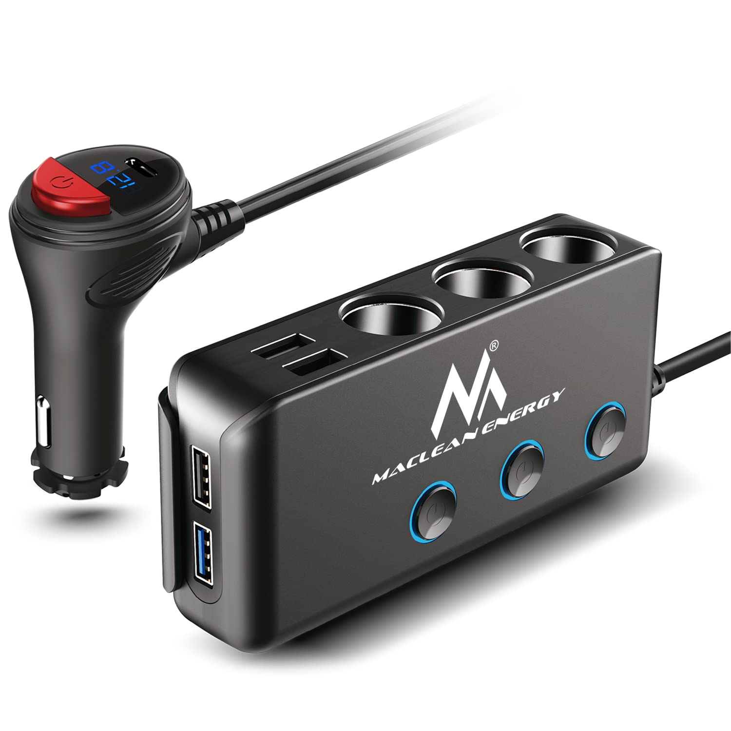 Maclean MCE218 3-Way Car Splitter Cigarette Lighter Adapter 4 USB Ports LED Voltmeter Max 120 W Charger Power Delivery 18 W