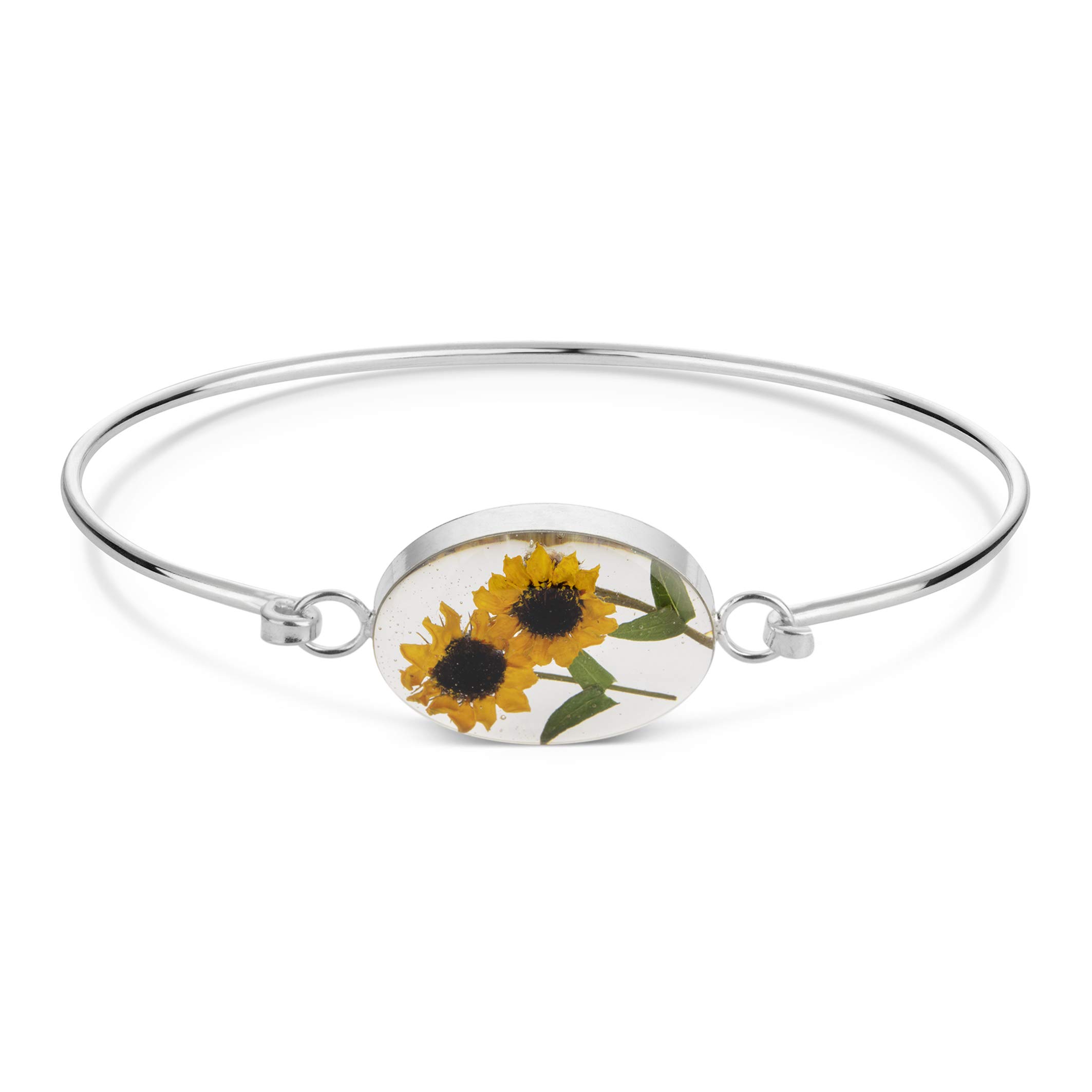 Natural Flower Jewellery Minature Double Sunflower Bangle Flowers Set in Resin in Sterling Silver Bangle