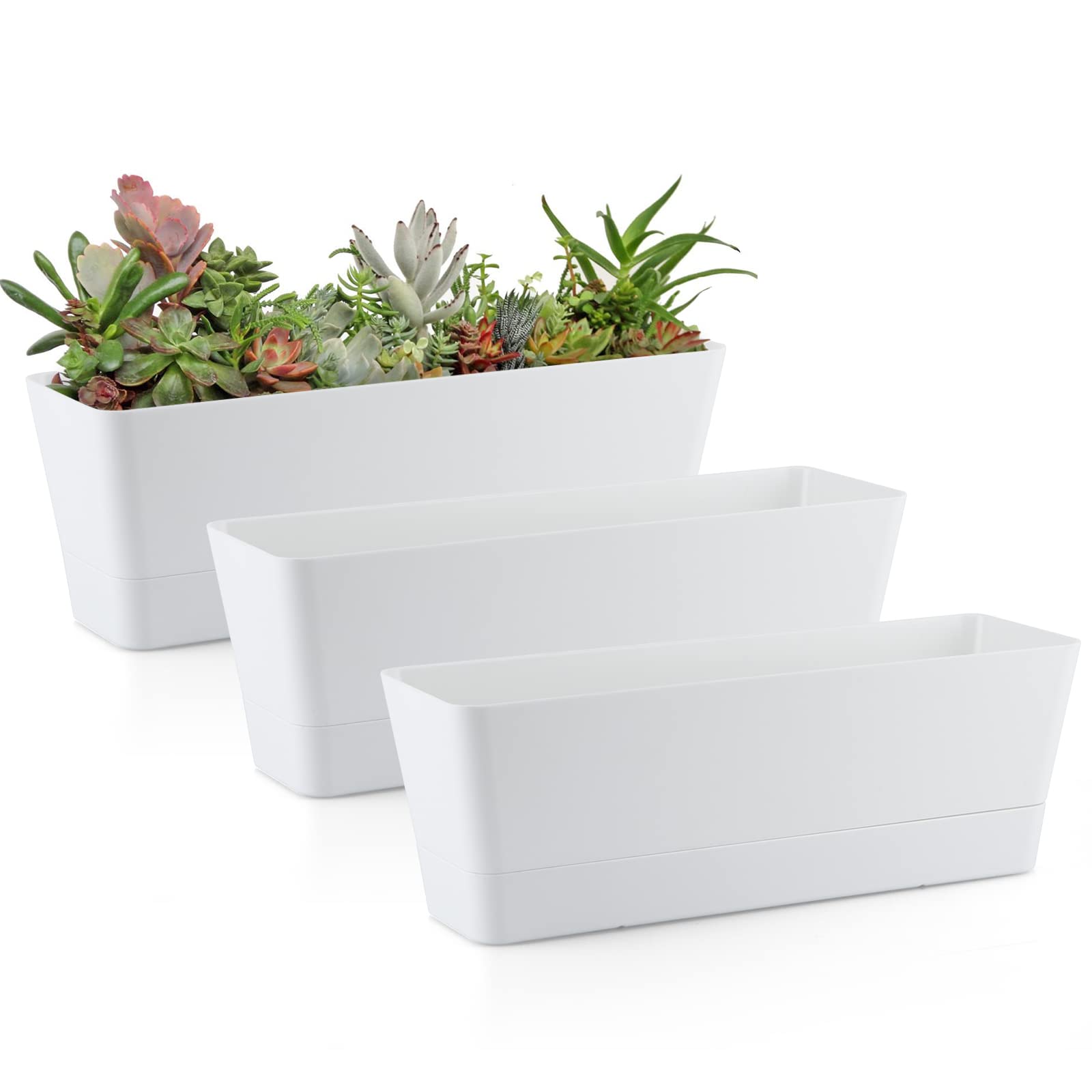 Skelang 3 Pcs Small Rectangle Plant Pot, Succulent Planter Box with Drainage Holes, Planter Trough for Coffee Table, Dining Table, Outdoor Table, Windowsill (White)