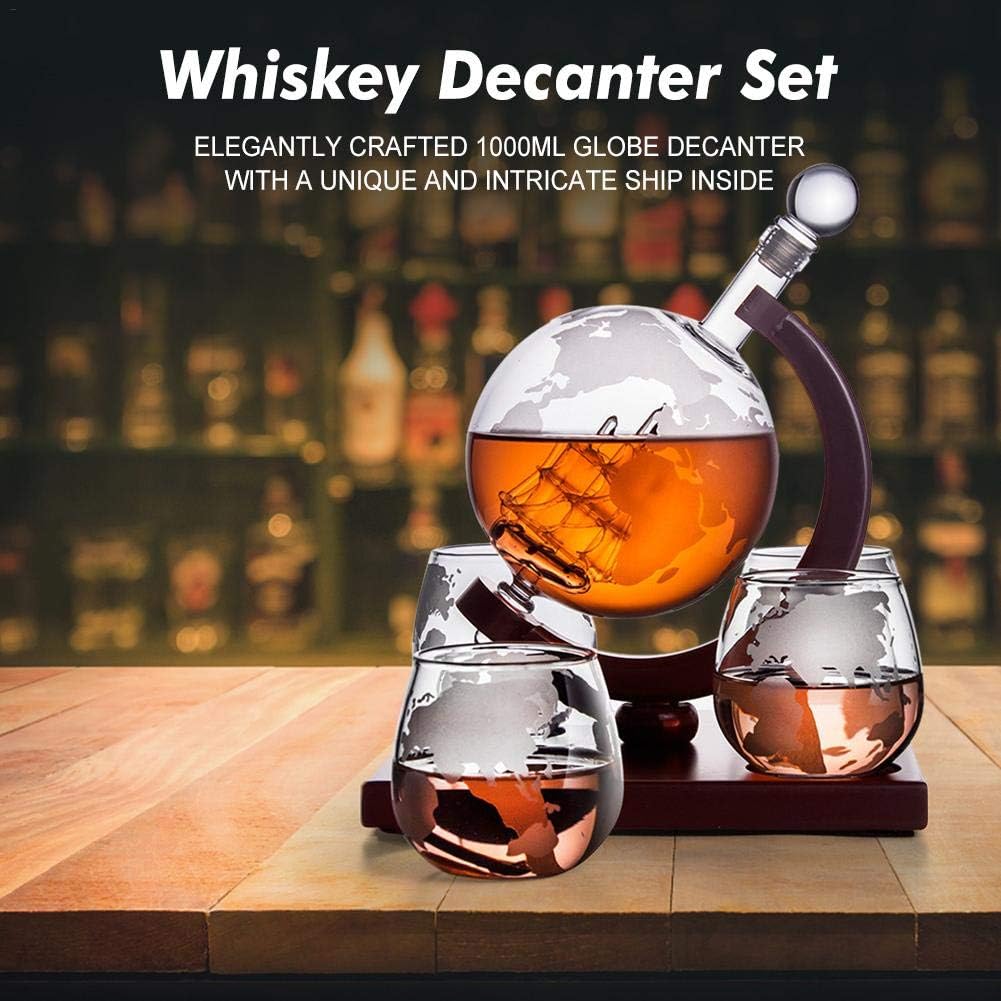 Glass Whiskey Decanter Set - 1000ml Globe Decanter with Glass Stopper, 4 Etched Globe Glasses