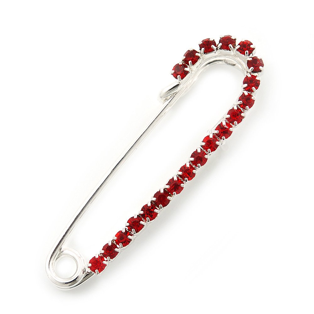Small Red Crystal Scarf Pin Brooch In Rhodium Plating - 40mm Width