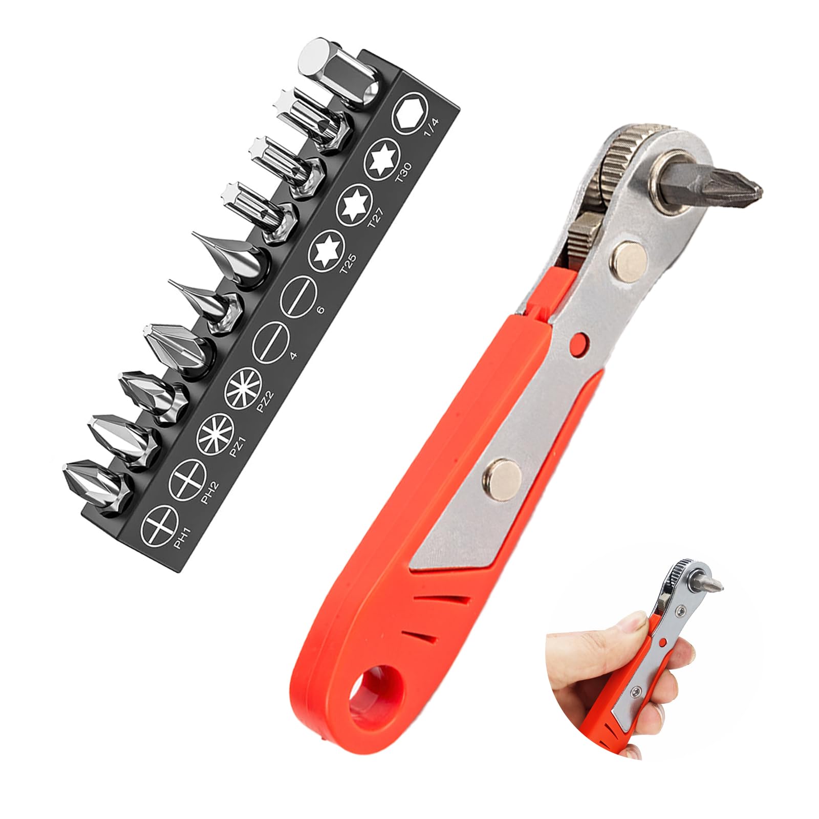 DALAETUS Mini Right Angle Screwdriver Set with Magnetic Screwdrive, 1/4 Inch PH2 Orange Ratchet, Screwdriver Bits Set for DIY Enthusiasts, Durable Carbon Steel, 11 cm Length