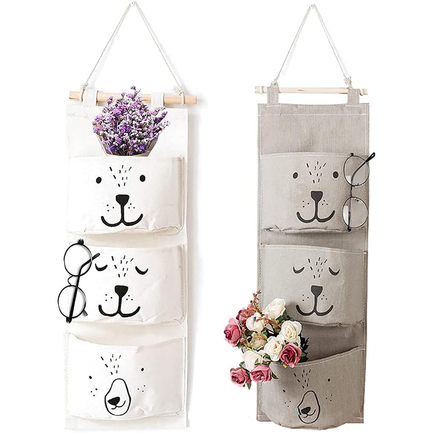 ERHUAN Wall Hanging Sundry Bag, 2 Pcs Cartoon Hanging Storage Bag, Multi-layer Wall Hanging Bag, Waterproof Hanging Storage Bag, with 3 Pockets for Bedroom, Bathroom, Kitchen (Gray and White)