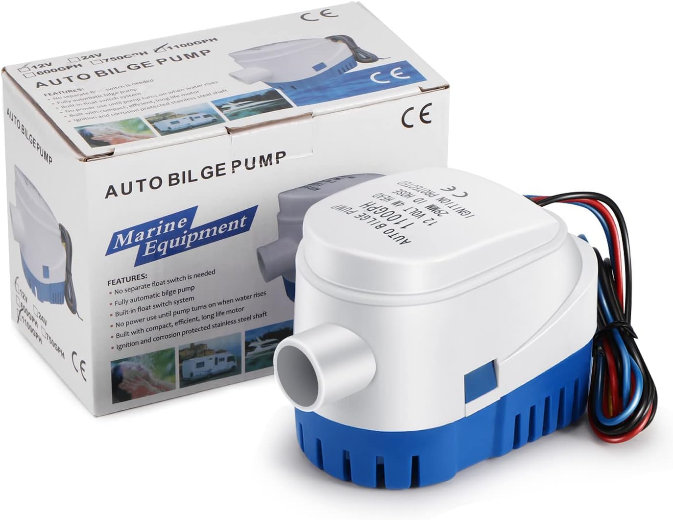SUNSBELL Automatic 1100 GPH Bilge Pump, 12V DC Electric Submersible Pontoon Pump for Boat, White
