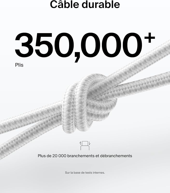 Eco Câble USB-C vers USB-C avec gaine tressée, 2 m, 240 W, doux au toucher, souple, Câble de recharge rapide, pour iPhone 16, Galaxy S25, Pixel 9, MacBook, iPad Pro, etc.- Blanc (USB 2.0)
