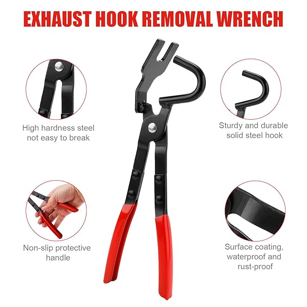 GOSKNOR EXHAUST HANGER PLIERS & 4PCS 2 HOLE RUBBER EXHAUST HANGERS, EXHAUST HOOK WRENCH UNIVERSAL MUFFLER HANGER PLIERS TOOL KIT COMPATIBLE WITH CAR AND TRUCK EXHAUST SYSTEMS