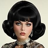 Siudus Black Vintage Curly Cosplay Wigs for Women Bouffant Beehive 50s 60s Retro Costume Hair Wig with Bangs for Halloween Party Use