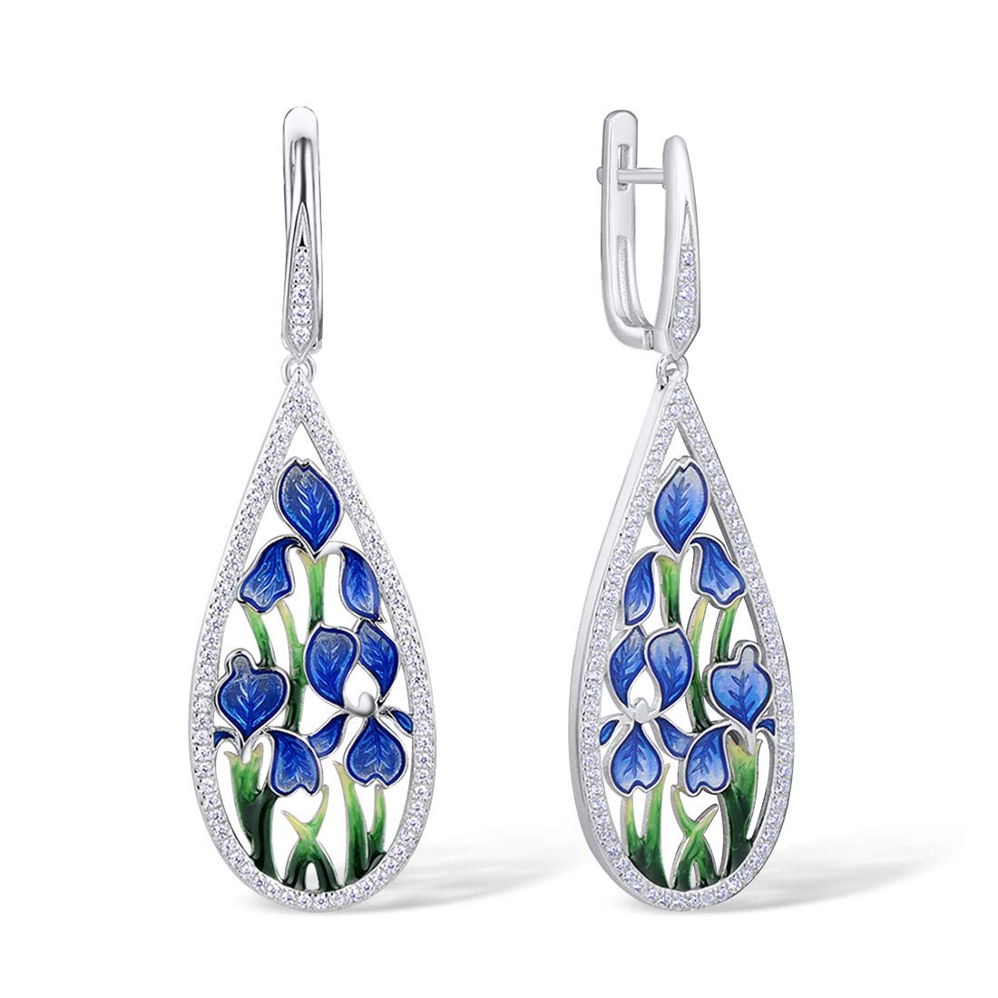 Namana Blue Flower Earrings for Women. 925 Sterling Silver Long Earrings for Women with Enamel and Cubic Zirconia Gemstones. Blue Dangle Earrings for Women in Sterling Silver with Gift Box