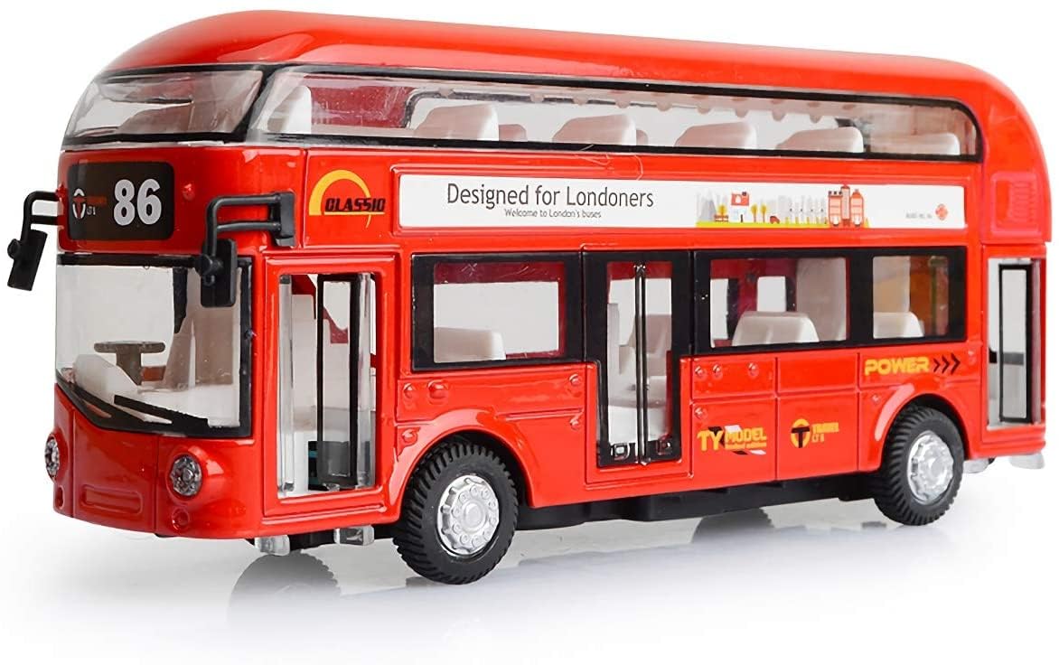 KWARE Pull Back 7" London Double Decker Bus Routemaster City Tourist Diecast with Lights, Sounds and Openable Doors, 1/50 Scale Bus Toy