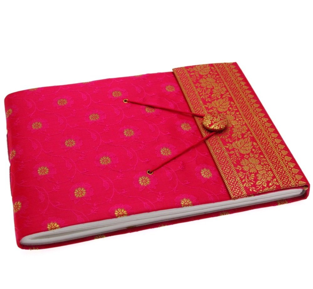 Sari Fabric Cover Photo Album Medium | Cerise | 30 Pages to fit 120 6x4 or 60 7x5 Photos | Fair Trade & Handmade | Scrapbooking and Crafting Picture Album