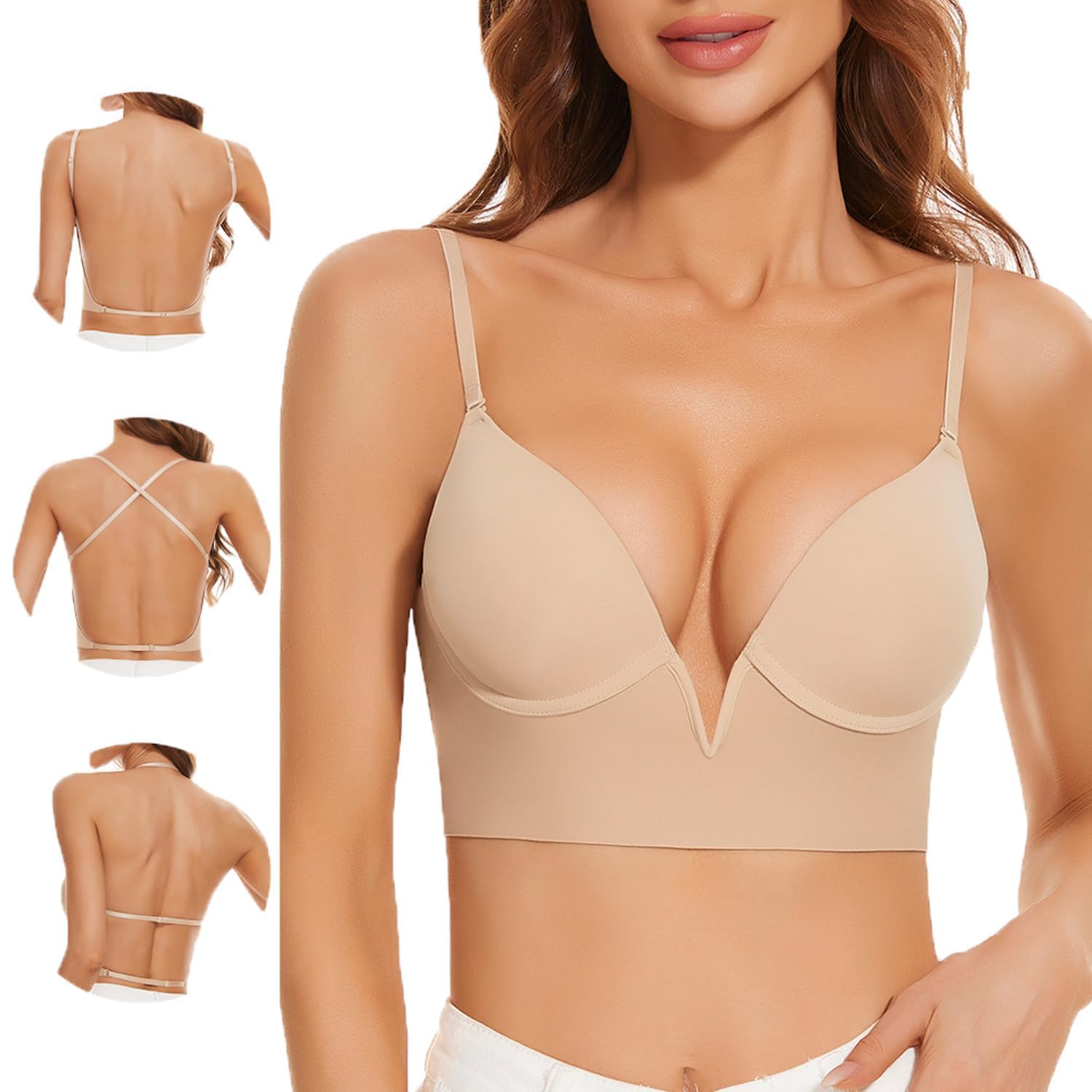 Photo 1 of Women Low Back Bras-Invisible Backless Bra-Seamless Secret Plunge No Show Bra Multiway Low Cut Deep-V Halter Bras(Nude, 36B)