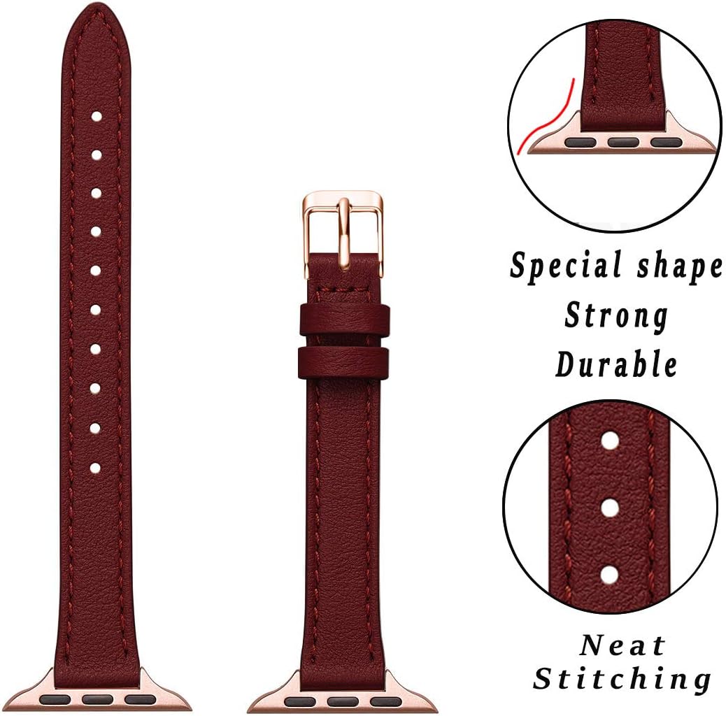 SUNFWR Compatible with Apple Watch Strap 38mm 40mm 41mm,Genuine Leather Strap Replacement,Slim&Thin Wristband for iwatch Series 7/6/5/4/3/2/1,SE(38mm 40mm 41mm,Wine red&Rosegold) - Image 3