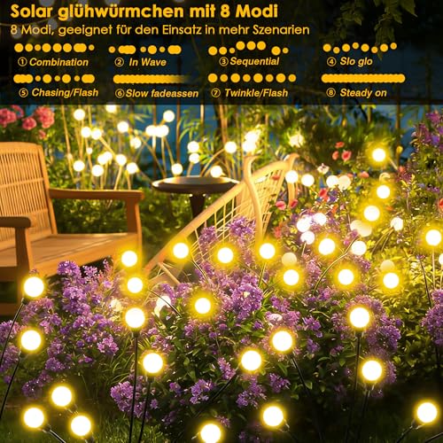 Solar Lights for Outdoor Garden, 4 Pieces Solar Fireflies 10 LEDs, Solar Lights for Outdoor Use with IP65 Waterproof Warm White 8 Light Modes Height Adjustable Swinging Solar Lights for Garden Walkway