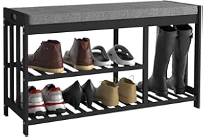 APRTAT 3-Tier Bamboo Shoe Rack Bench, Shoe Storage Organizer Bench, Entryway Bench, Shoe Rack for Front Door Entrance, Entryway Bathroom Bedroom (Black, Long with Cushion)