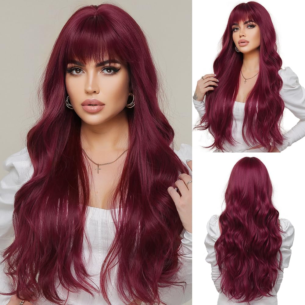OUFEI Long Wavy Wine Red Wigs for Women Natural Synthetic Hair Heat Resistant Wigs for Daily Party Cosplay Wear-28 Inches — image 1