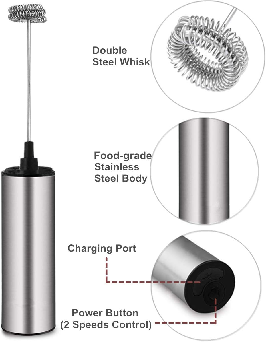 Electric Milk/Coffee Frother, Basecent Rechargeable Handheld Foam Maker/Mixer for Latte, Cappuccino, Frappe Drink, Hot Chocolate, Stainless Steel Silver: Kitchen & Dining