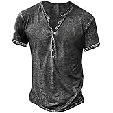 Mens Distressed Henley Shirts Retro Short Sleeve Tee Shirts Casual Button Down Washed T-Shirts for Men