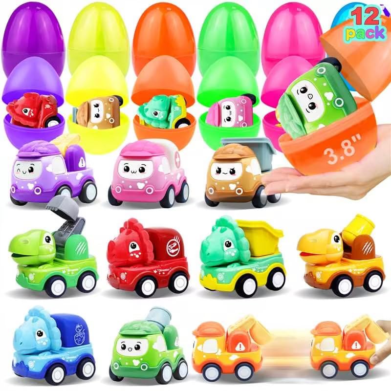 12 Pack 3.8" Jumbo Easter Eggs Filled with Pull Back Cars, Large Easter Eggs Filled Dinosaur Construction Vehicles Toys Easter Basket Stuffers for Toddlers Kids Boys Girls Fillers Party Favors Gifts