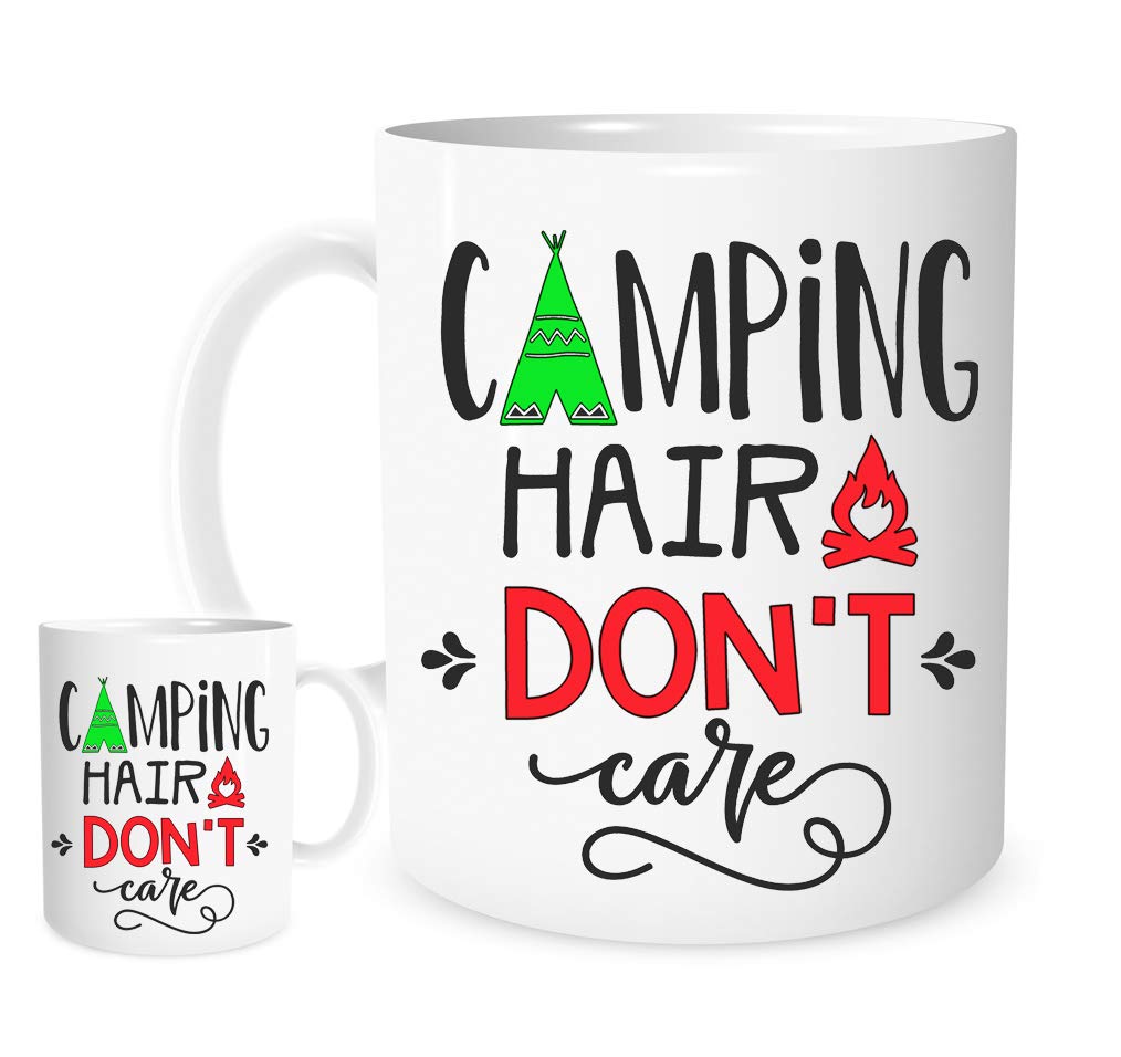 Stoneys Badges Camping Hair Don’t Care Mug – Funny 11oz Ceramic Coffee Cup – Tent & Campfire Design – Gift for Campers, Outdoor Lovers & Glampers