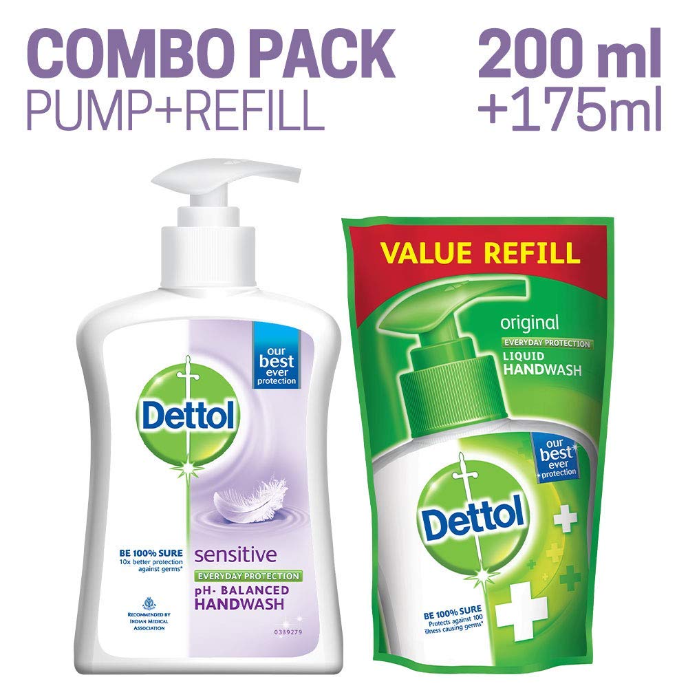 Dettol Liquid Sensitive Handwash - 200 ml with Free Dettol Original Liquid Hand Wash Pouch - 175 ml (Any Variant) : Beauty