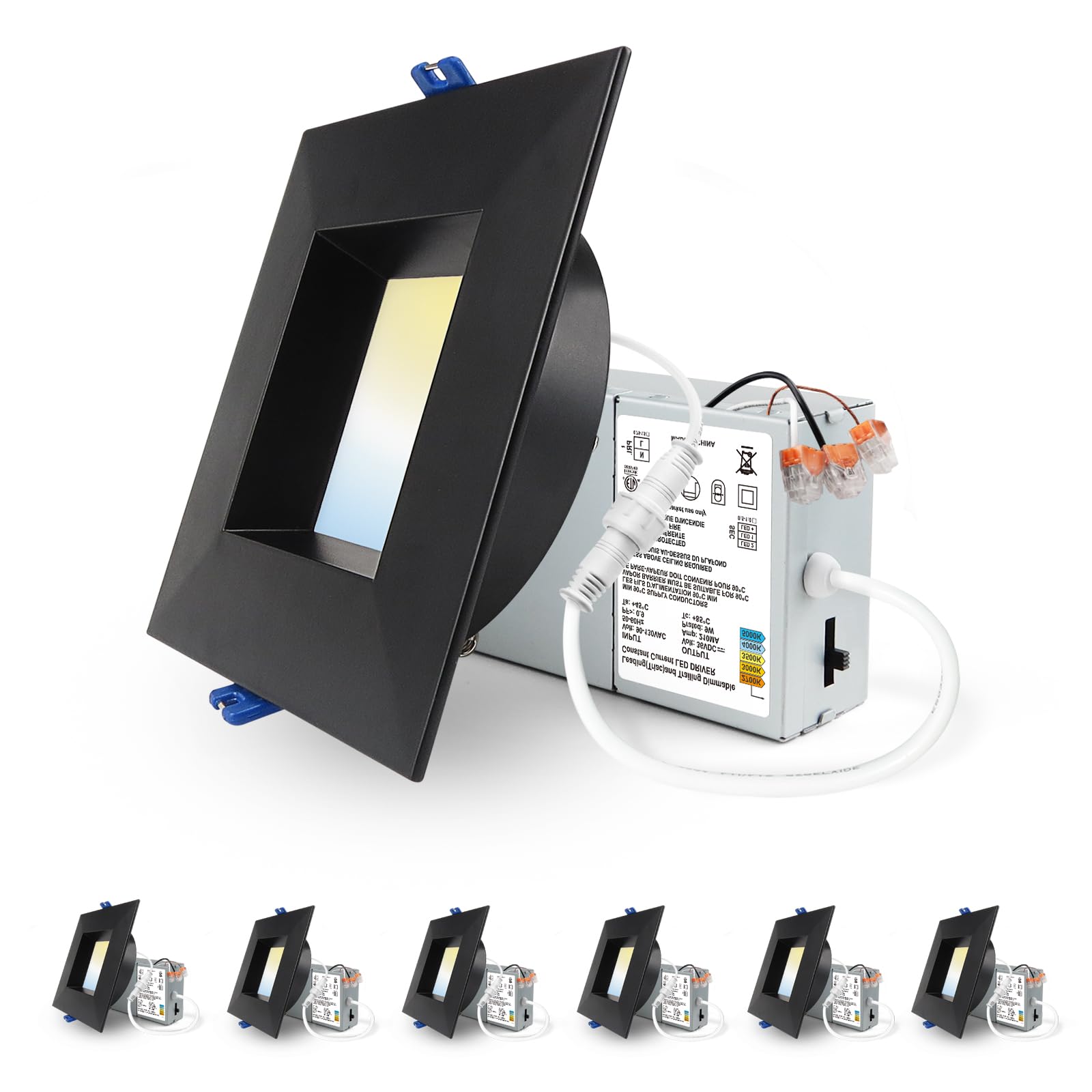 Photo 1 of Adetu 4 Inch Anti-Glare LED Downlight,Dimmable Ceiling Light with 5CCT Reset,Selectable from 2700K to 5000K - 12W 1080LM, ETL Certified (Black, 6 Pack Square)