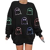 BEIDEFY Halloween Sweatshirts for Women Sequin Ghost Long Sleeve Shirt Oversized Spooky Season Pullover Tops