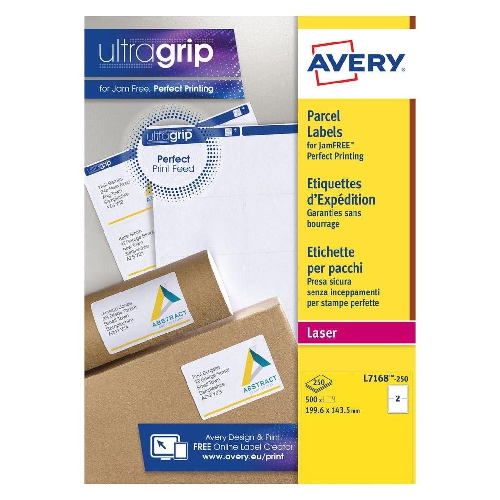 Avery L7168 Printable Parcel Shipping Labels for Laser Printers, 199.6 x 143.5 mm, 2 Labels per A4 Sheet, 500 White Permanent Paper Labels, UltraGrip, JamFREE, FSC Certified (L7168-250)