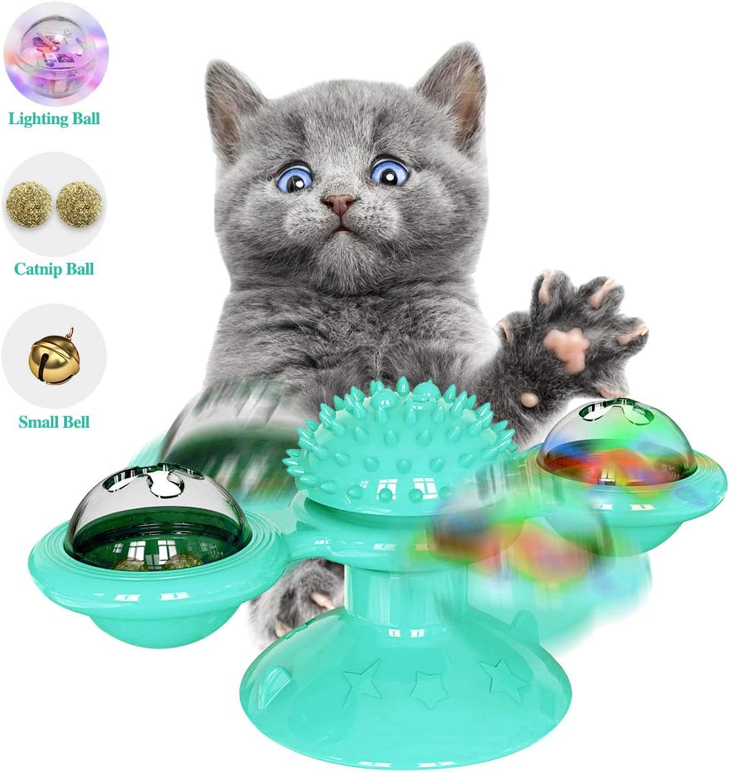 ODOLDI Windmill Cat Toy, Interactive Turntable Cat Toy with Suction Cup Portable Windmill Scratch Hair Brush Soft Silicone Washable Cat Grooming Shedding Massage for Cats