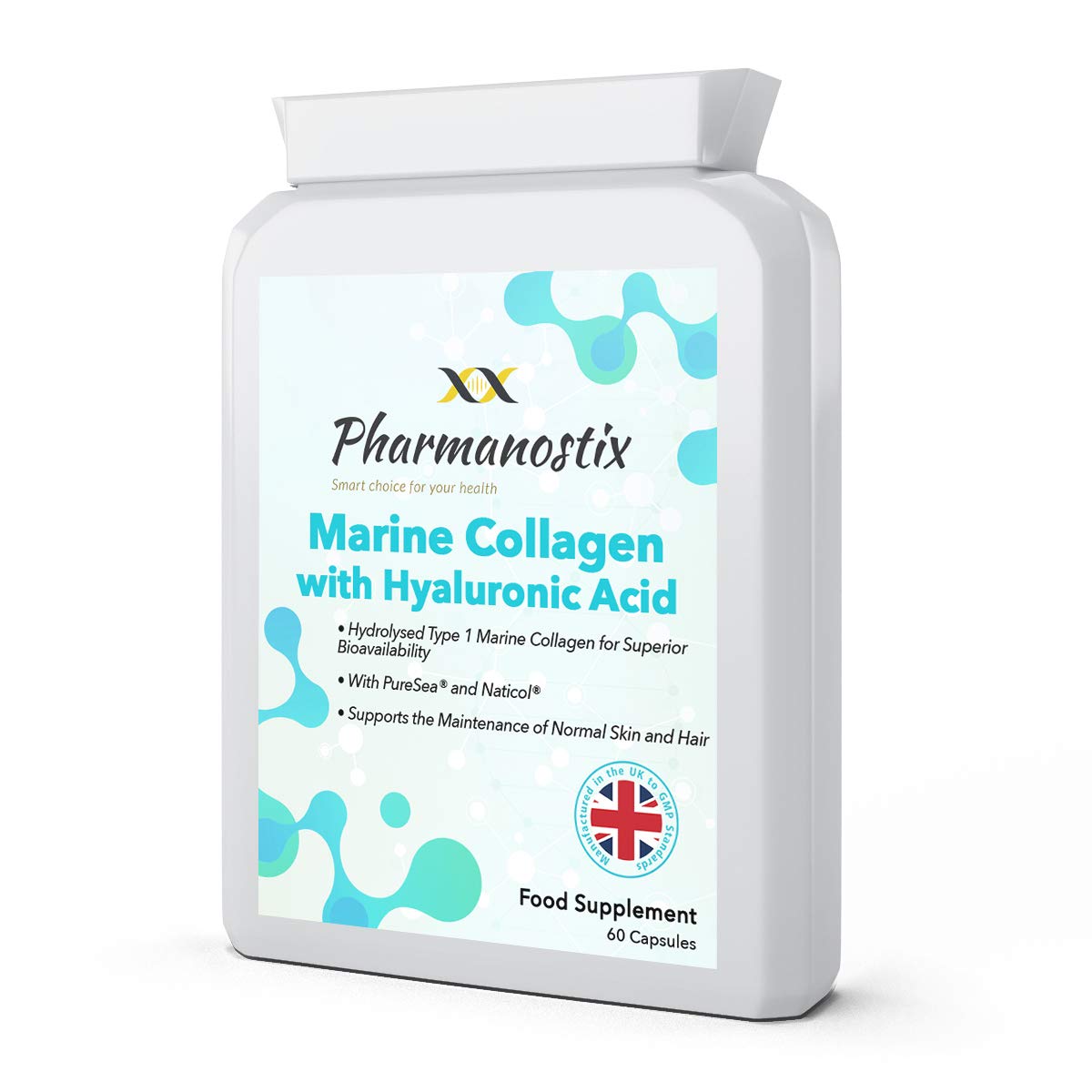 Marine Collagen with Hyaluronic Acid & Seaweed - 60 Capsules - Skin, Hair & Nails Formula with D-Biotin, Vitamin E & C - Highly Bioavailable Naticol® Hydrolysed Marine Collagen 500mg