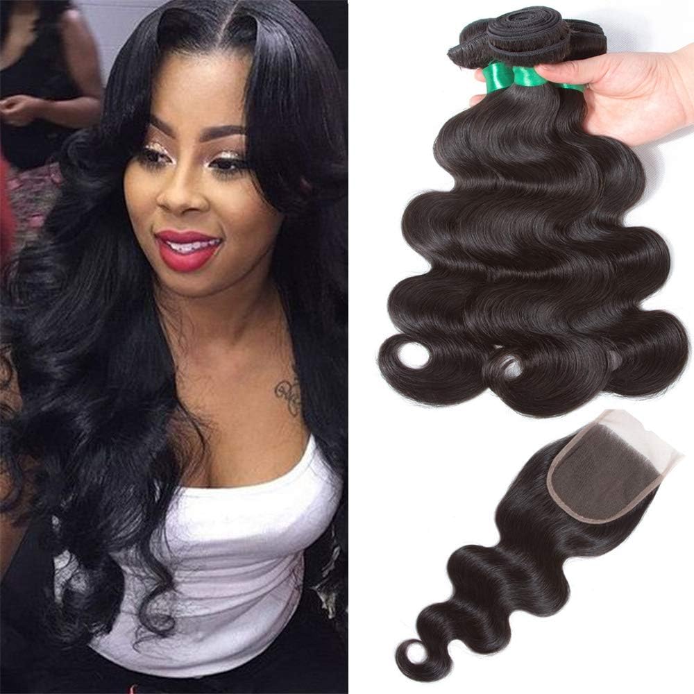 12A Brazilian Virgin Hair Body Wave with Free Part Lace Closure Human Hair Weave 3 Bundles With 4×4 Swiss Lace Closure 100 human Remy Hair Extension (14 16 18 +14closure) Natural Color Pecwu