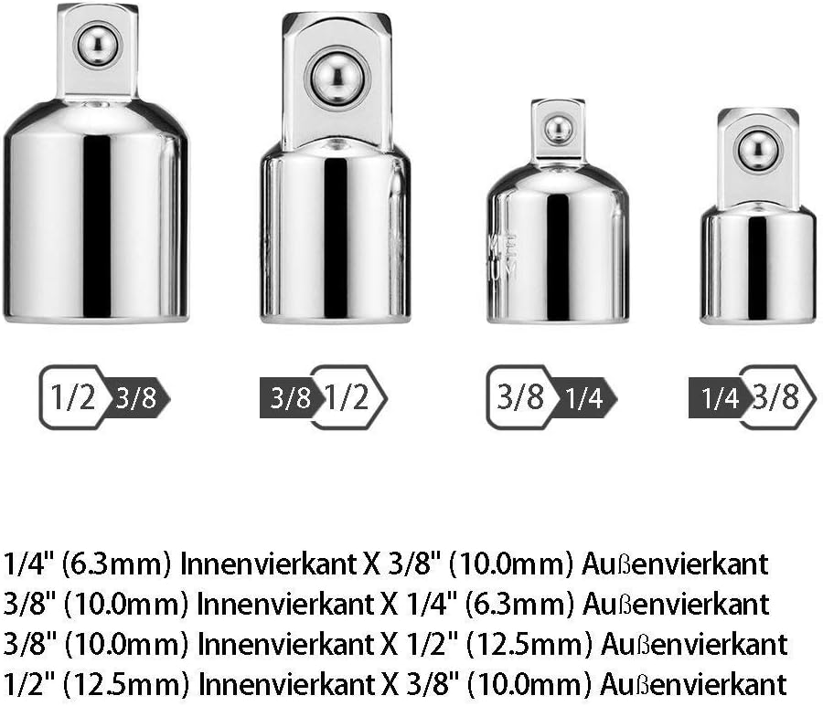 EVANCE Impact Adapter and Reducer Set Extenson Set Drill into High Speed Nut Drill , 1/4", 1/2", 3/8 Socket Adapter and 4pcs 1/4 to 3/8 x 3/8 to 1/4 Inch – 3/8 to 1/2 – 1/2 to 3/8 (Sliver) - Image 3