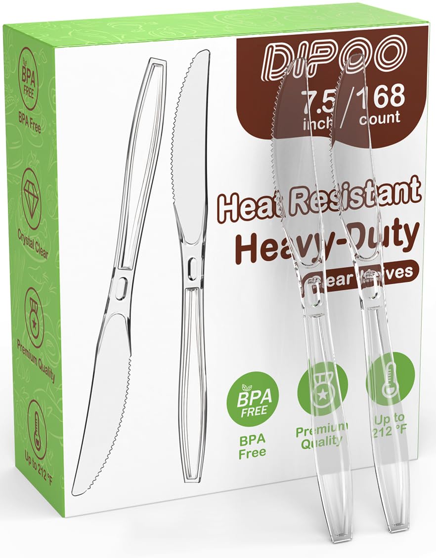 Photo 1 of 168pc 7.5" Clear Plastic Knives Heavy Duty Upgraded Heat Resistant & BPA Free, Solid and Durable Plastic Cutlery, Premium Disposable Knives, for Party Supply