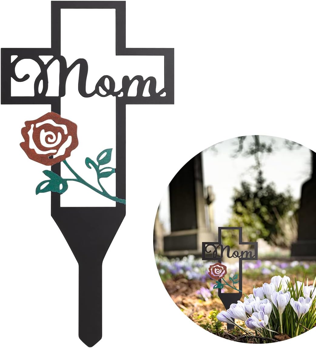 Decorative Garden Stakes - JIZIYRUO Grave Crosses for Cemetery, Grave Flowers, Memorial Cross for Cemetery Grave Metal Cross Garden Stake Grave Decorations for Cemetery Mom Cemetery Decorations Grave Markers for Cemetery (Mom)