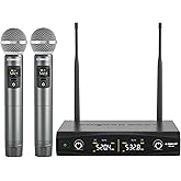 Phenyx Pro Wireless Microphone System, Metal Wireless Mic Set, Handheld Cordless Dynamic Microphones for Singing, Karaoke, Church, 2x30 UHF Tunable Frequencies,200 ft Range (PTU-52-2H)