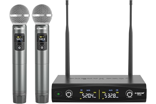 Phenyx Pro Wireless Microphone System, Metal Wireless Mic Set, Handheld Cordless Dynamic Microphones for Singing, Karaoke, Church, 2x30 UHF Tunable Frequencies,200 ft Range (PTU-52-2H)