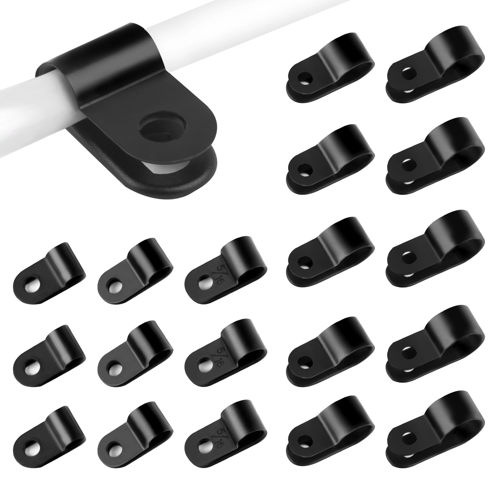 240pcs R Type Cable Clips, 5 Sizes P Clips, Nylon Cable Cleats, Black Wire Clamp for Electrical Cable Wire Conduit Cable Management