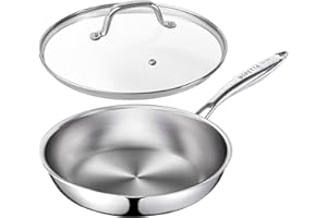 mopetta 10 inch Tri-Ply Stainless Steel Frying Pan with Lid,No Coatings PFOA&PTFE Free Skillets,Chef's Pans,Dishwasher and Ov