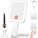 GOMIPURU Magnifying Travel Mirror with Light, 30X/1X Double-Sided Magnifying Mirror with 3 Color Lights, Brightness Adjustable, Foldable Handheld Makeup Mirrors Portable for Travel and Desktop Use