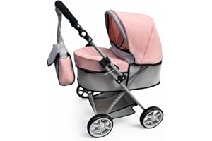 Anano Baby Doll Stroller & Pram – Adjustable Hood Pushchair - Lightweight Foldable Baby Doll Bassinet Stroller for Dolls up to 55cm (22") - Includes Storage Basket & Shoulder Bag - Gift for Girls 3+
