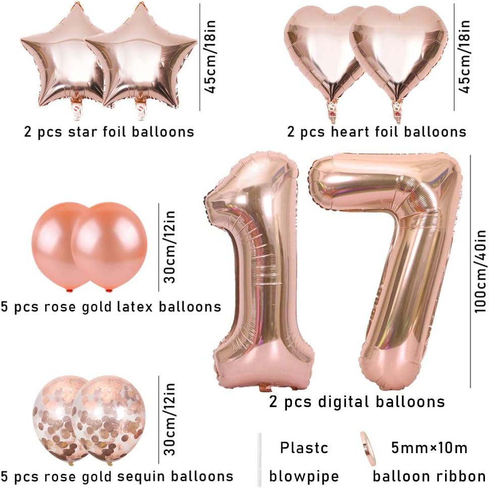 Ceqiny 40" 17th Number Mylar Balloon, 18" Star Heart Foil, 12" Sequins Latex for Birthday Party Wedding, Bridal Shower - Image 3