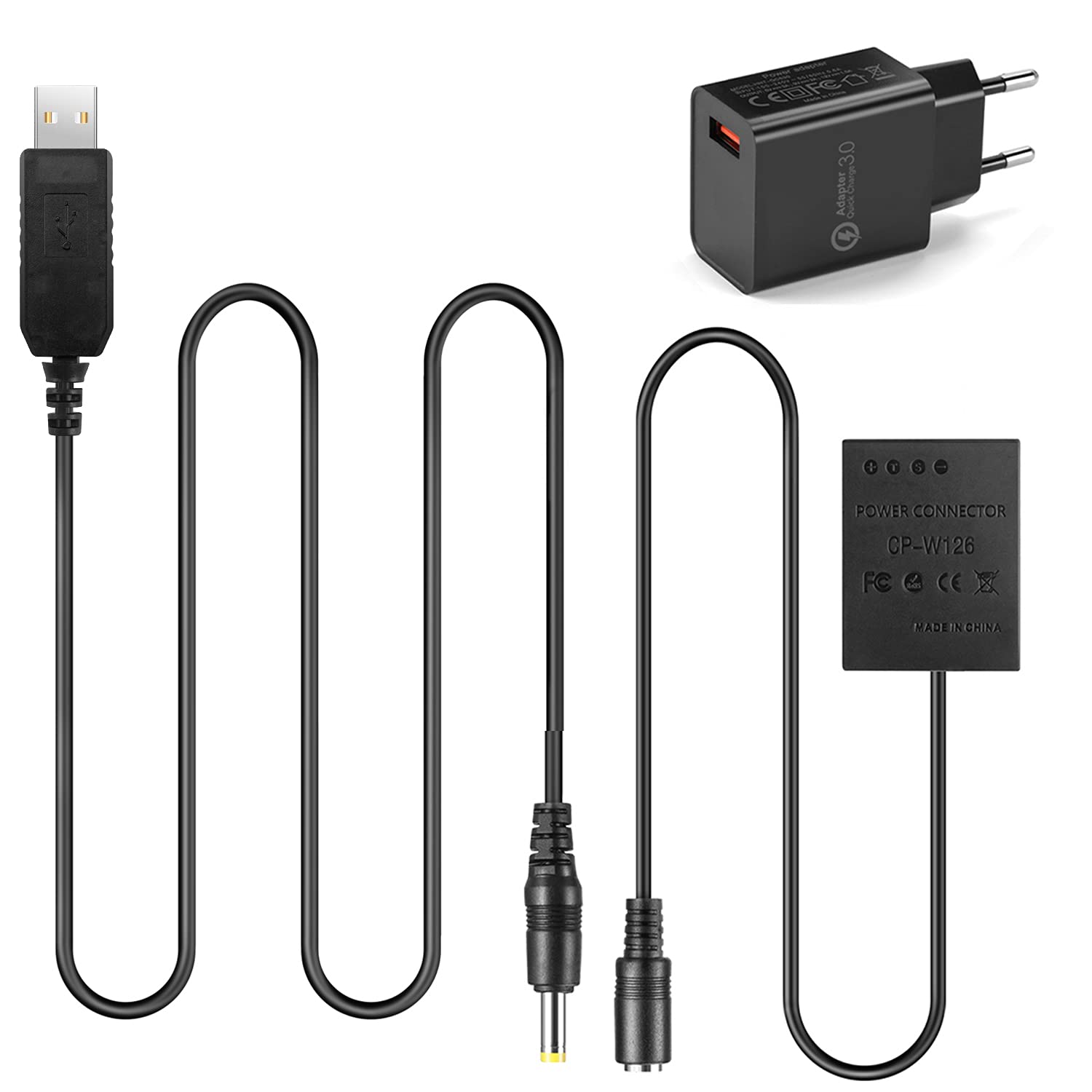 PRO USB Driver Cable + CP-W126 Coupler NP-W126 Dummy Battery + QC3.0 Charger for Fujifilm X-A2 A3 X-T10 X-E2s X-Pro2 X-T20 XT-1 X-E3