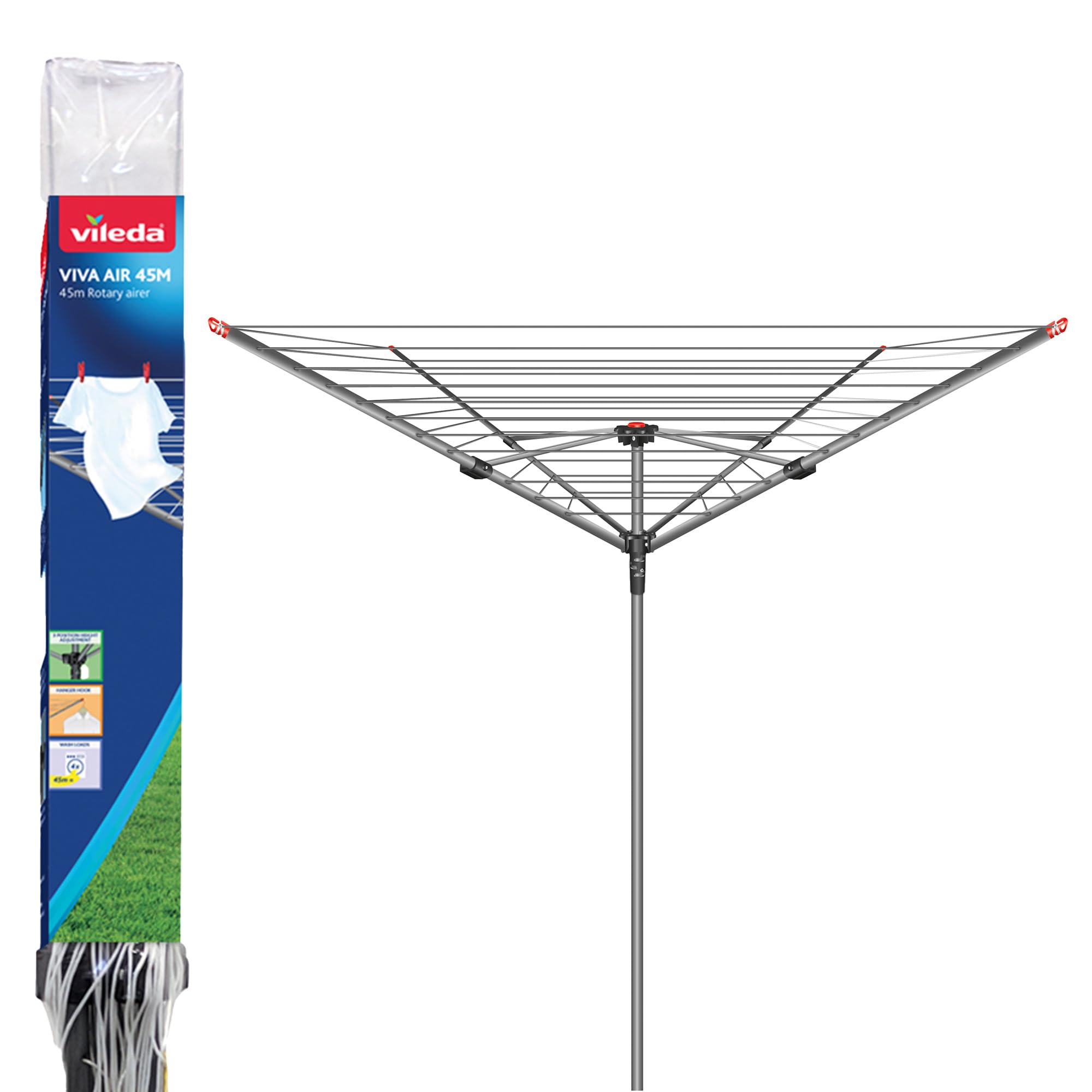 Vileda 4 Arm Rotary Dryer, Outdoor Clothes Airer with 45m washing Line, Silver