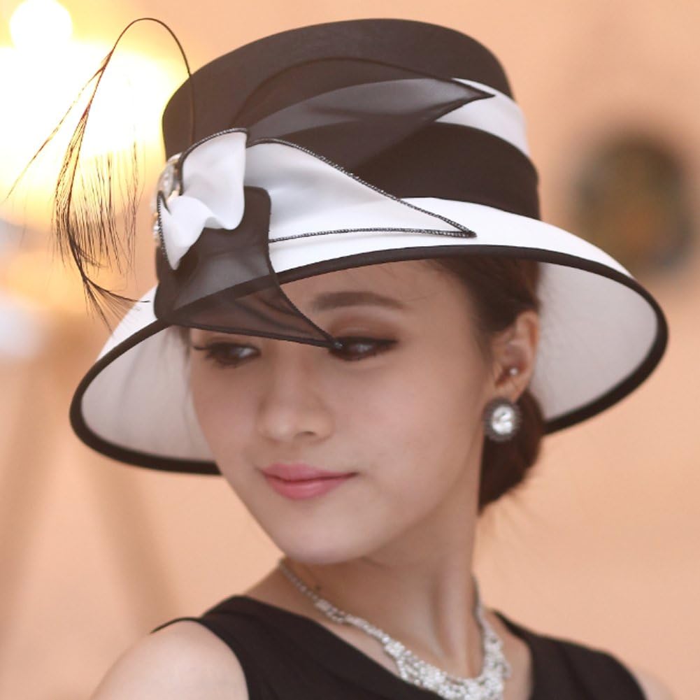 June's Young Women Church Hats Formal Dress Derby Hats with Feather Elegant Bucket Hats (Black/White) at  Women’s Clothing store