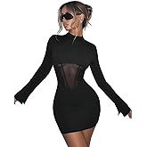 SHENHE Women's Sexy Open Back Sheer Mesh Long Sleeve Backless Bodycon Party Mini Dress