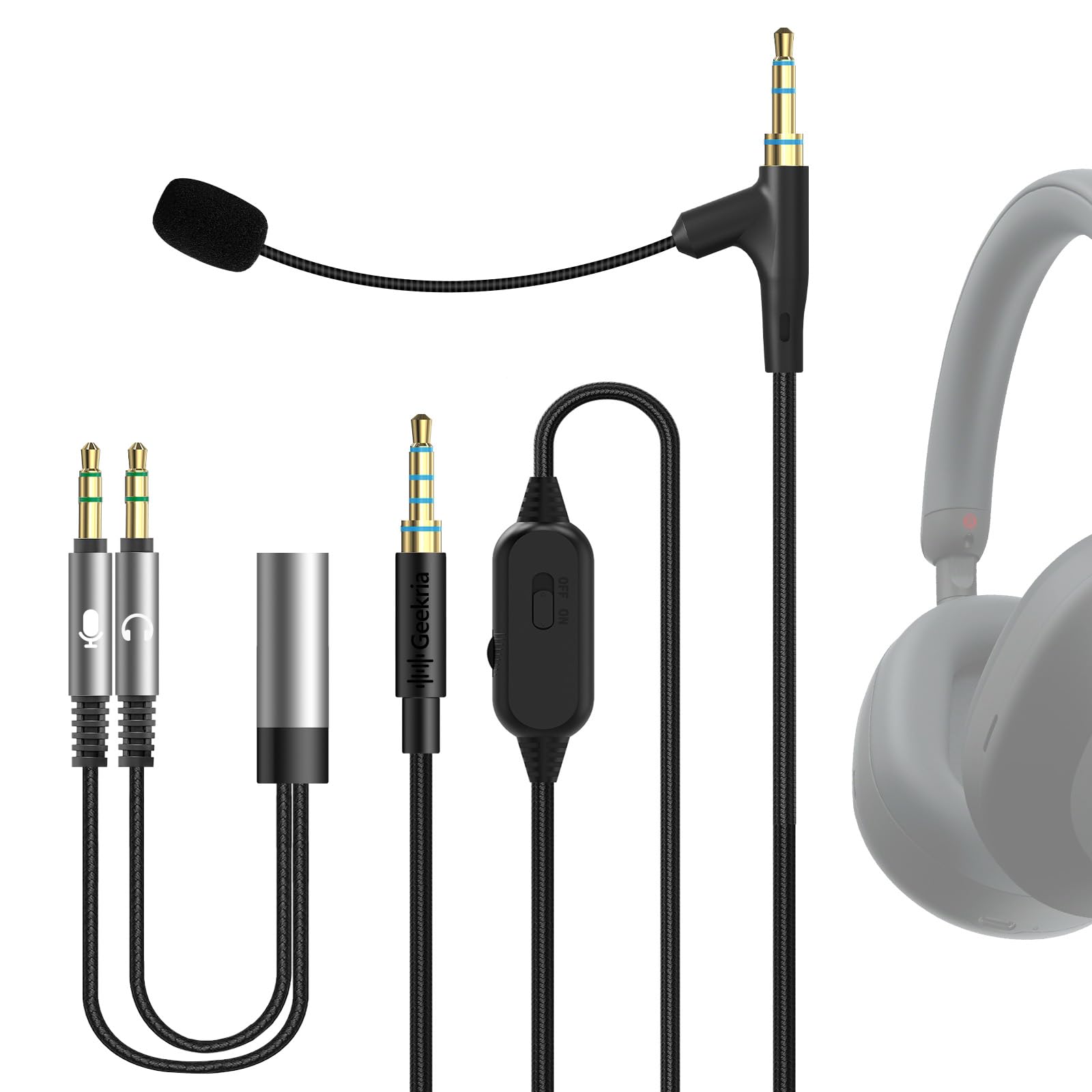 GEEKRIA Boom Mic Headphones Cable Compatible with Sony WH-1000XM6/1000XM5/1000XM4, WH-XB920N, ULT WEAR, 3.5mm Jack Replacement Cord with Boom Microphone for Gaming & Meeting (5.6ft)