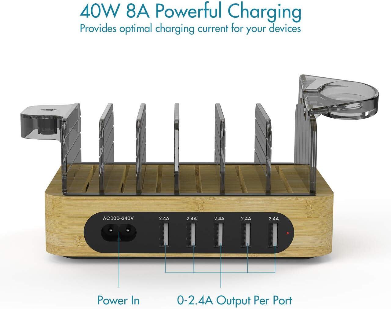 Bamboo Charging Station for Multiple Devices, 40W 5-Port Desktop USB Charger, Charging Stand Dock Compatible iPhone 11/Pro/Max, Galaxy S9/S8, iPad, Tablet and More (5 Charging Cables Included): Electronics