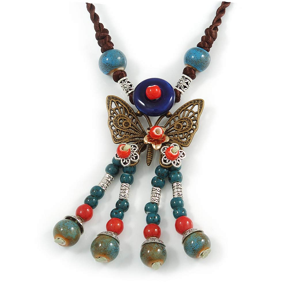 Avalaya Ceramic Bead Butterfly Pendant with Brown Silk Cord Necklace/Bronze Tone/ 72cm L/ 9cm Tassel